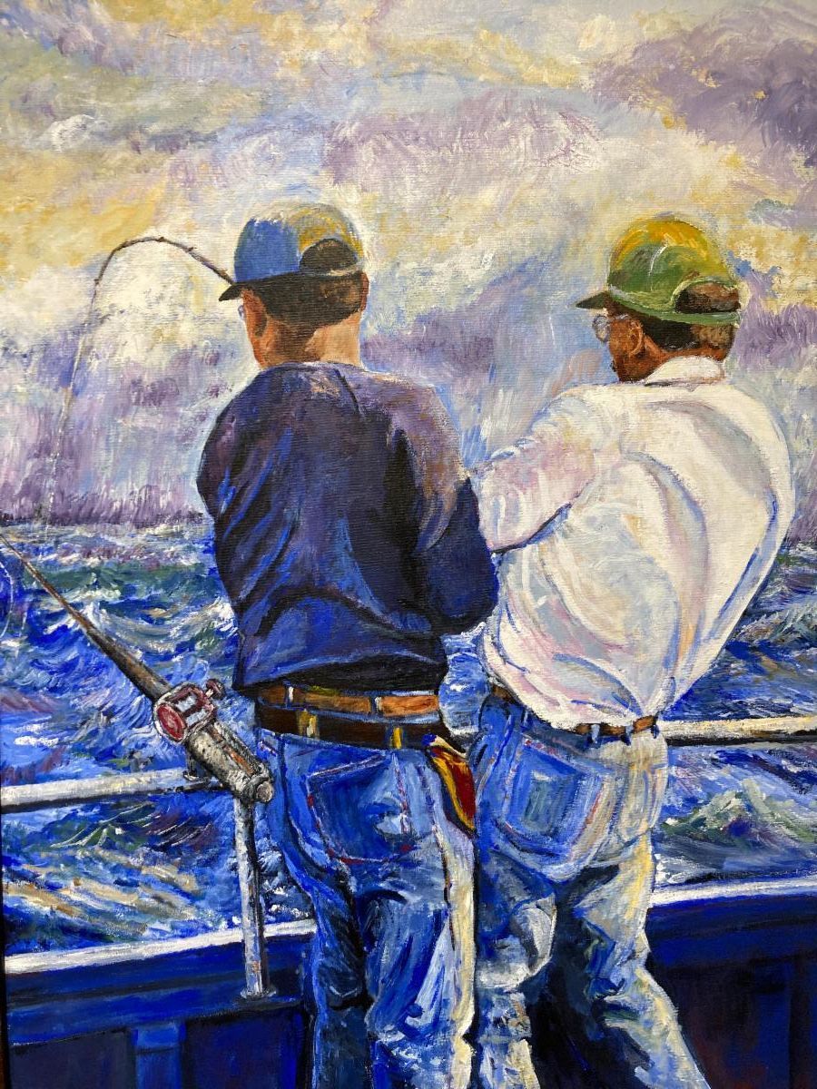 Two people fishing on a boat, facing choppy blue water under a cloudy sky.