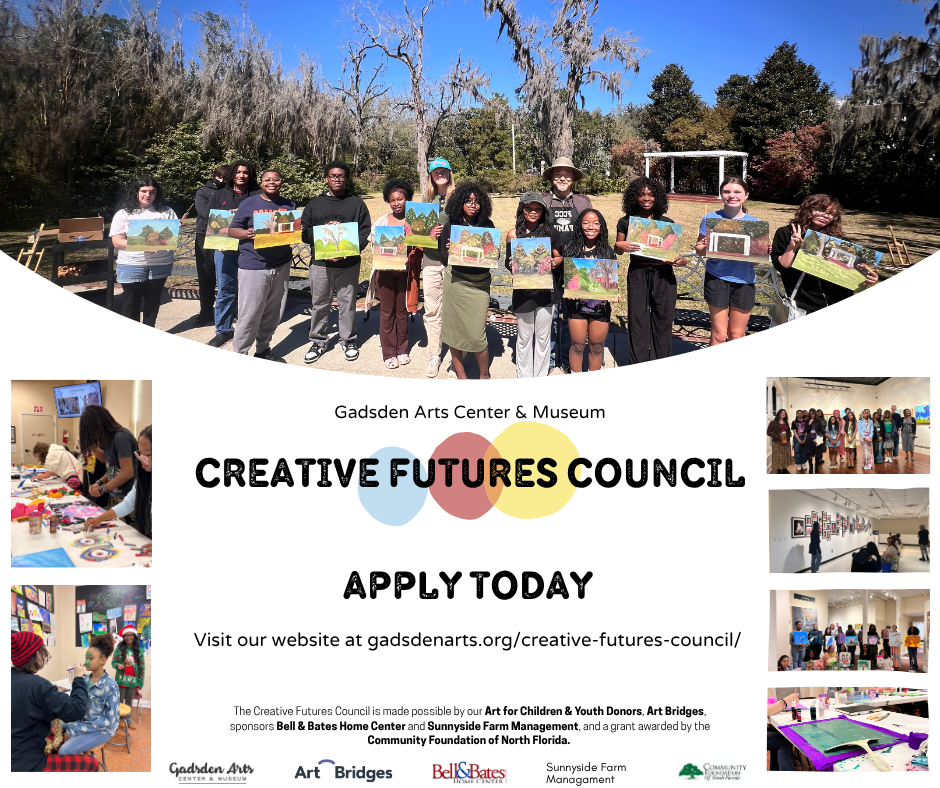 Creative Futures Council flyer with group photo and application details, promoting a community art program