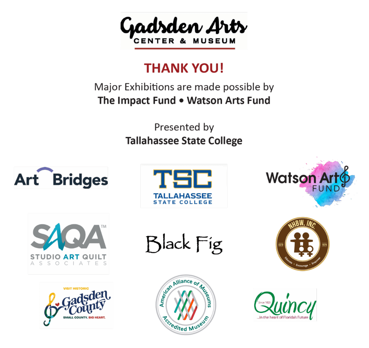 Sponsors and partners page with Gadsden Arts thank-you text and multiple nonprofit logos on white background