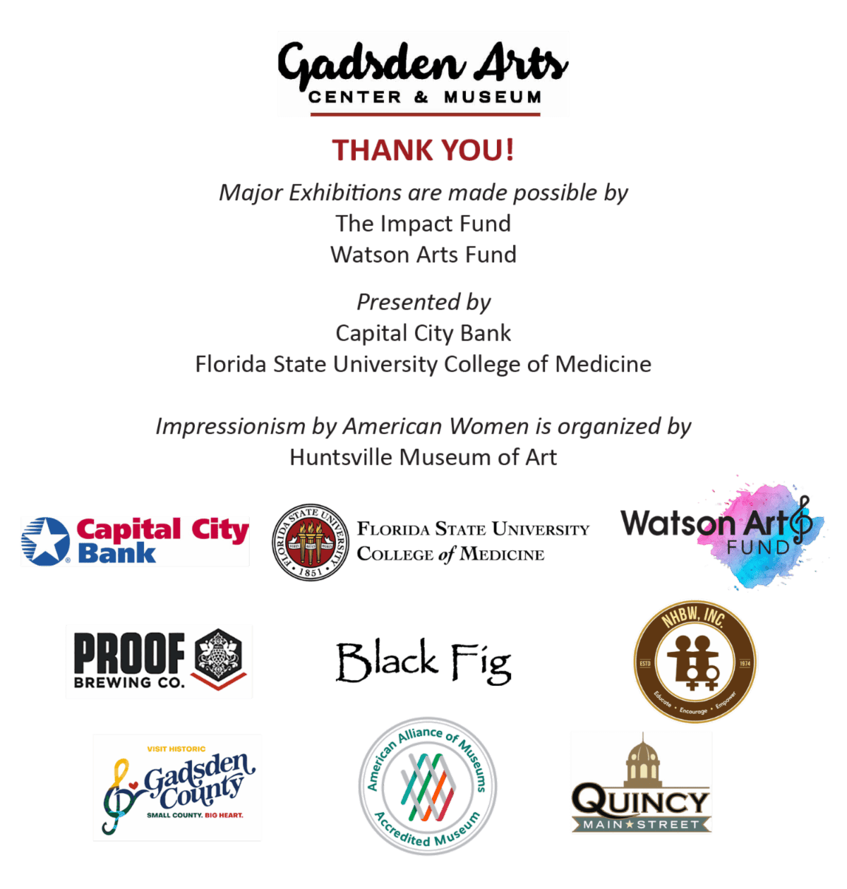 Thank-you sponsor board for Garden Arts Center & Museum with multiple donor logos on white background