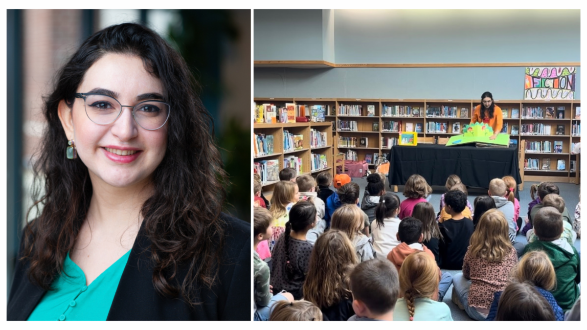 Portrait of a smiling woman beside a library reading event with an author speaking to a seated audience