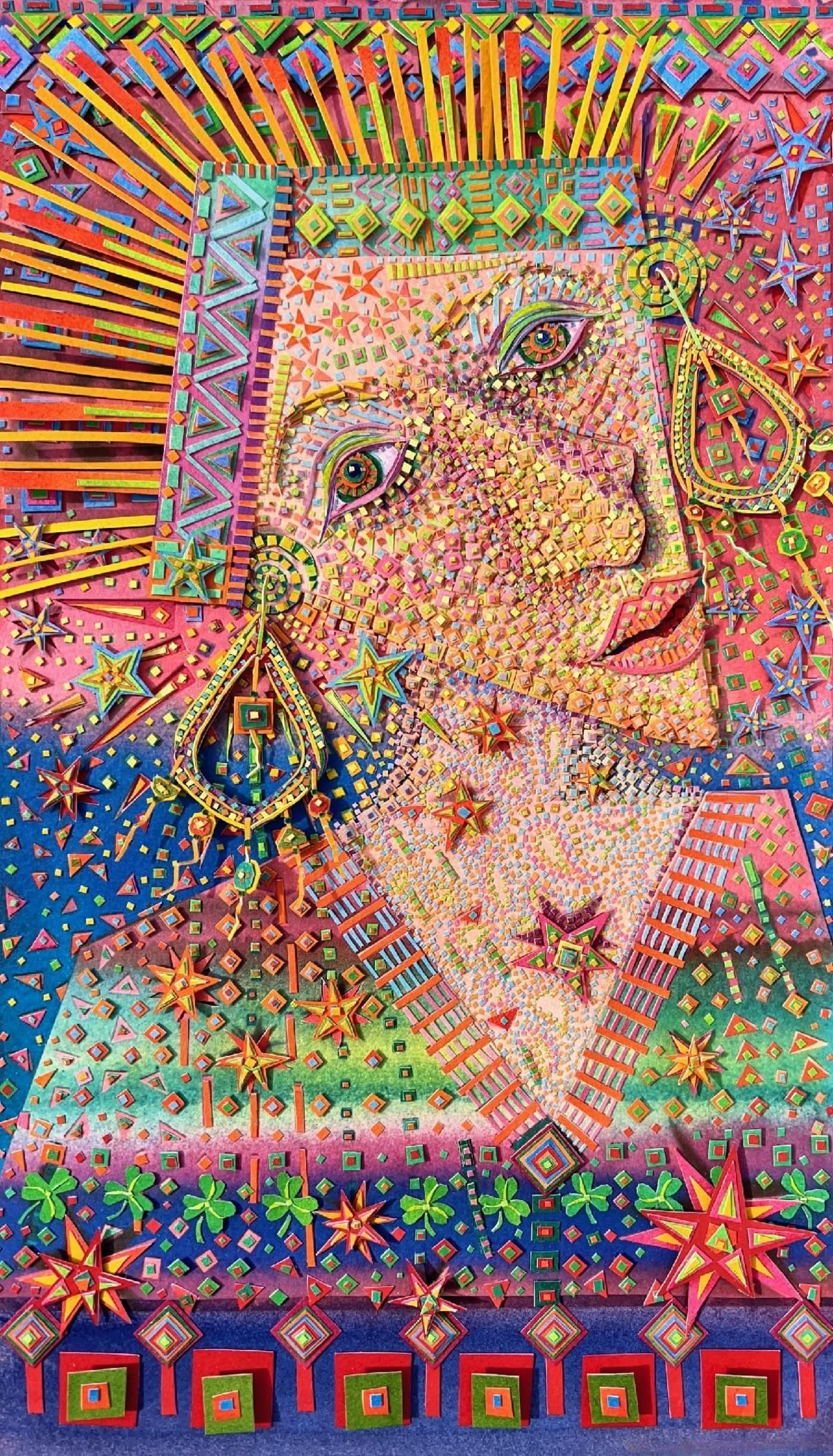 Abstract colorful mosaic portrait of a smiling face with vibrant geometric patterns and rainbow hues
