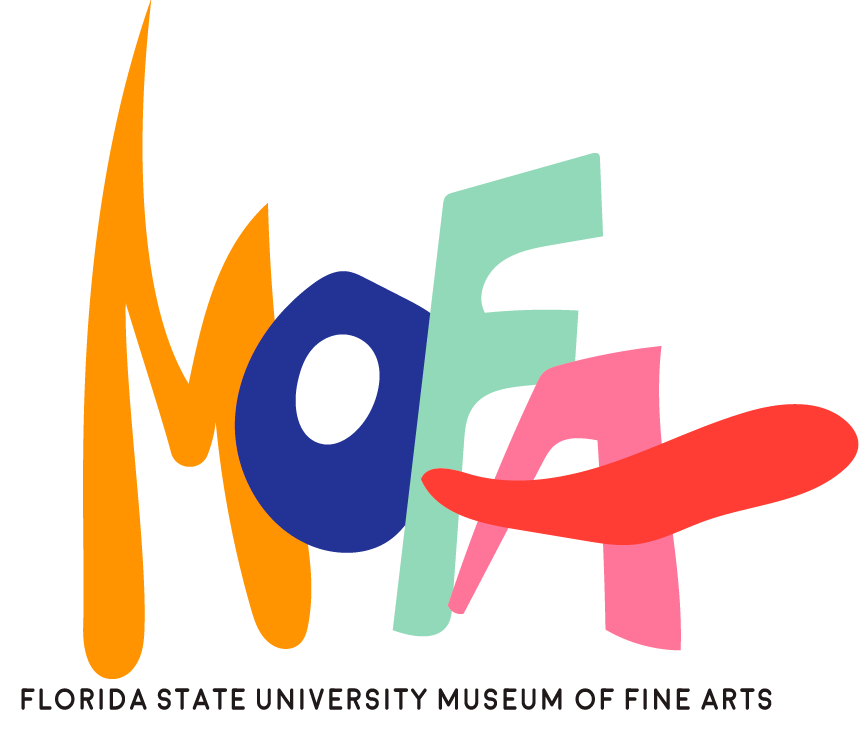 Florida State University Museum of Fine Arts logo in orange, blue, mint, and pink on white