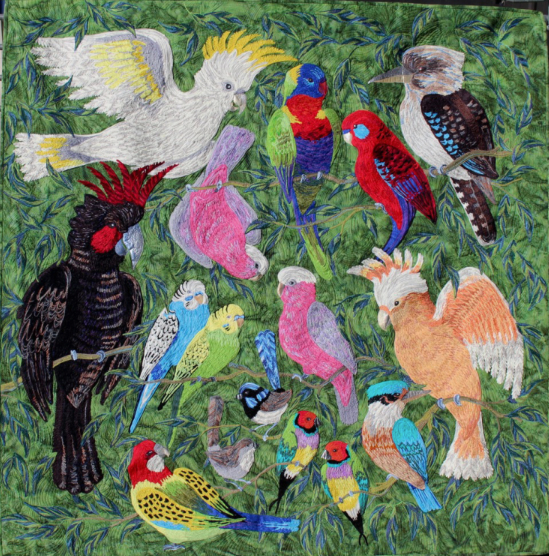Colorful painting of many parrots and cockatoos perched among green foliage