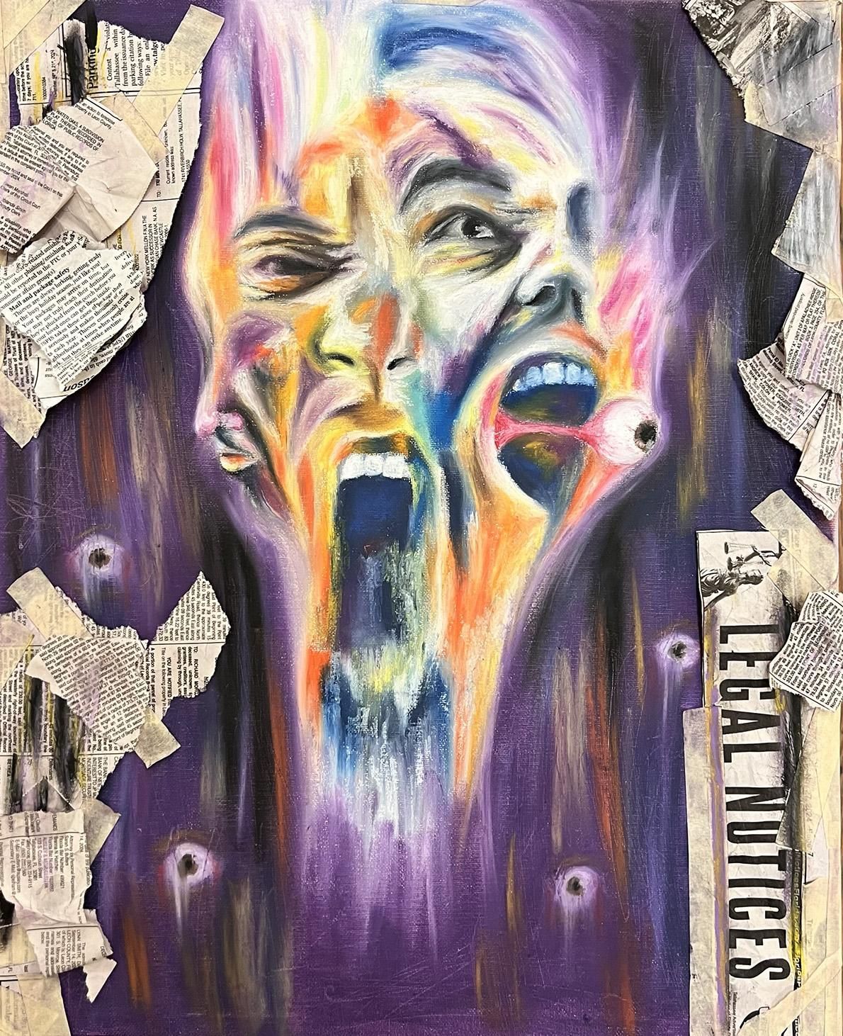 Abstract skull-like face painting in purple, yellow, and white with torn-paper collage accents and vertical text