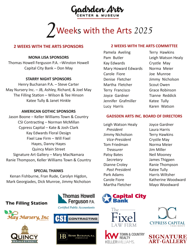Flyer for “2 Weeks with the Arts 2025” listing sponsors and event details with multiple logos