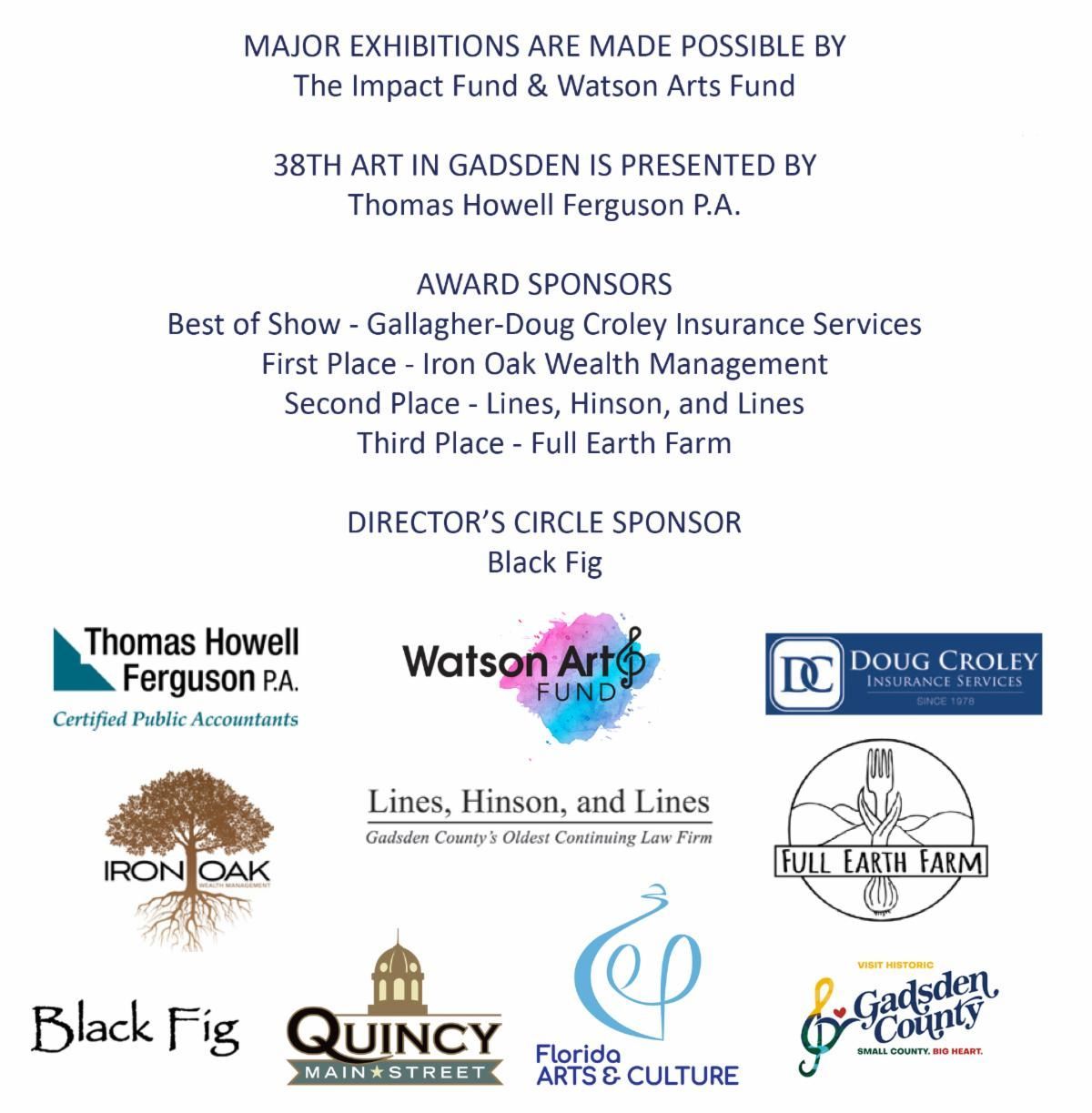 Sponsor credits and logos for a Gardner art exhibition, with white background and multiple business names.
