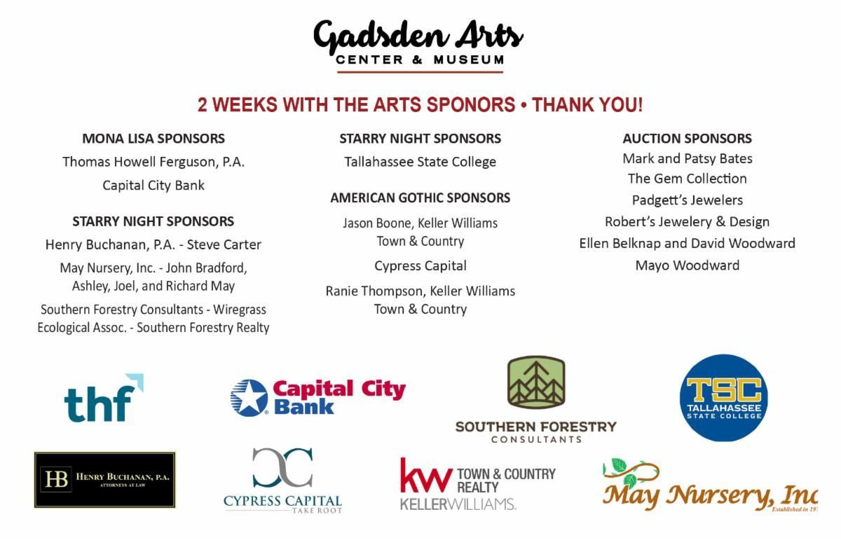 Gardner Arts poster listing 17 weeks of sponsors, with multiple business logos on a white background