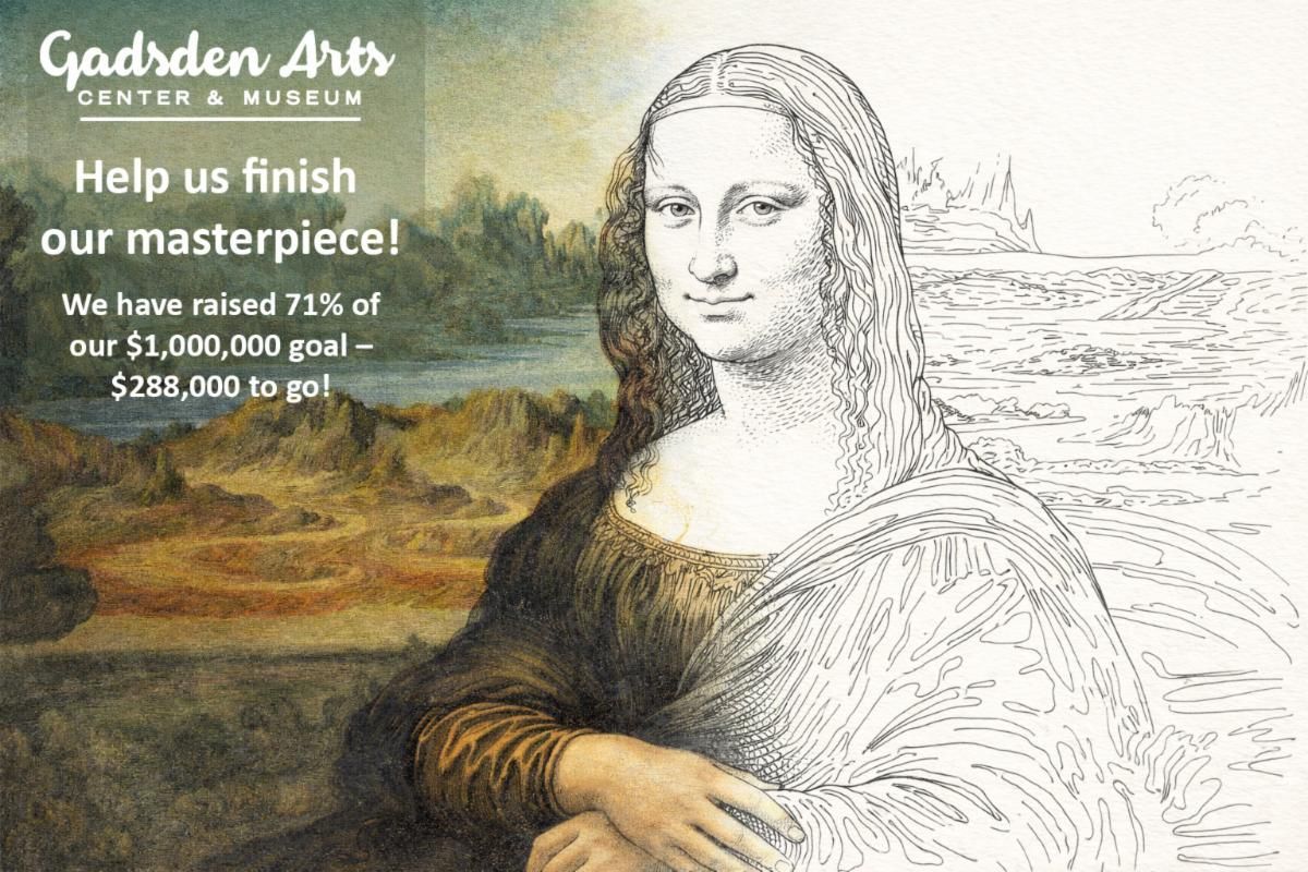 Mona Lisa mural with fundraising message and progress toward a $1 million goal