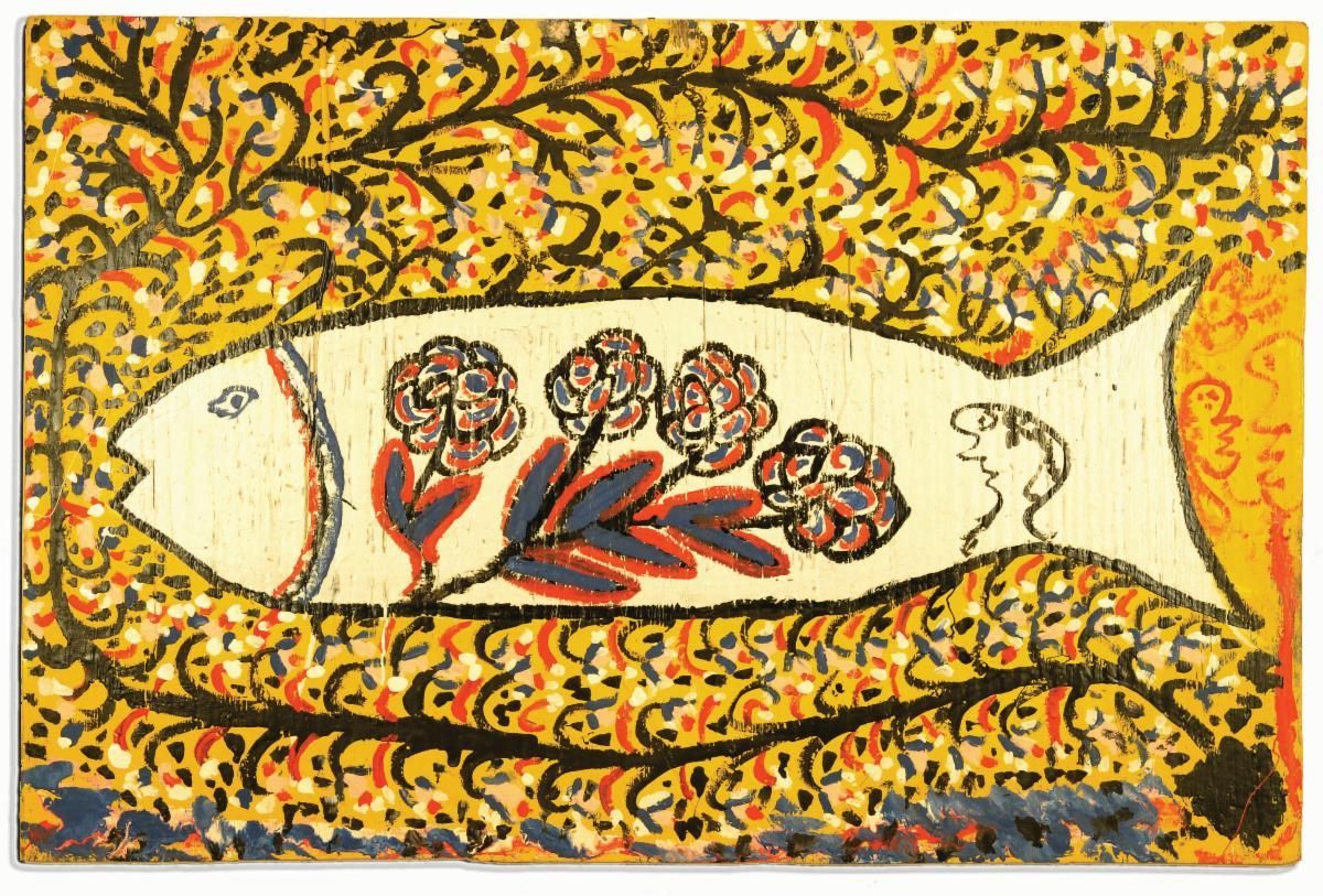 Illustrated white fish with floral designs on a yellow patterned background