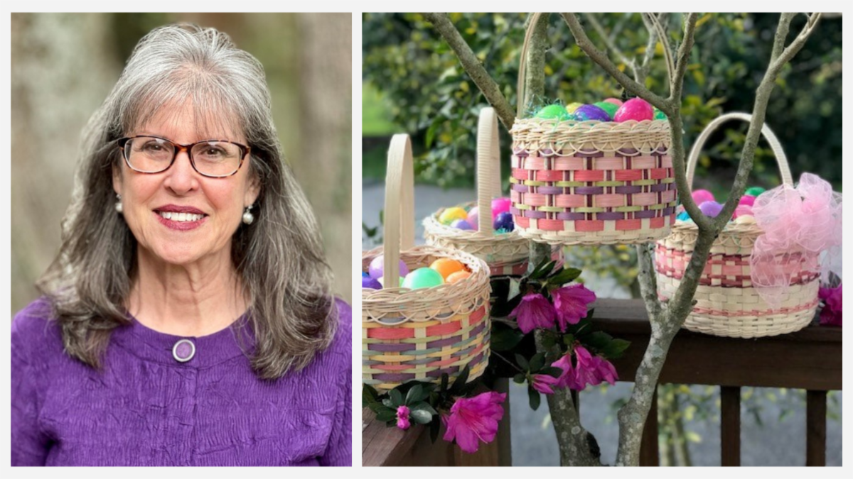 Smiling woman in purple sweater beside colorful Easter baskets and pink flowers outdoors