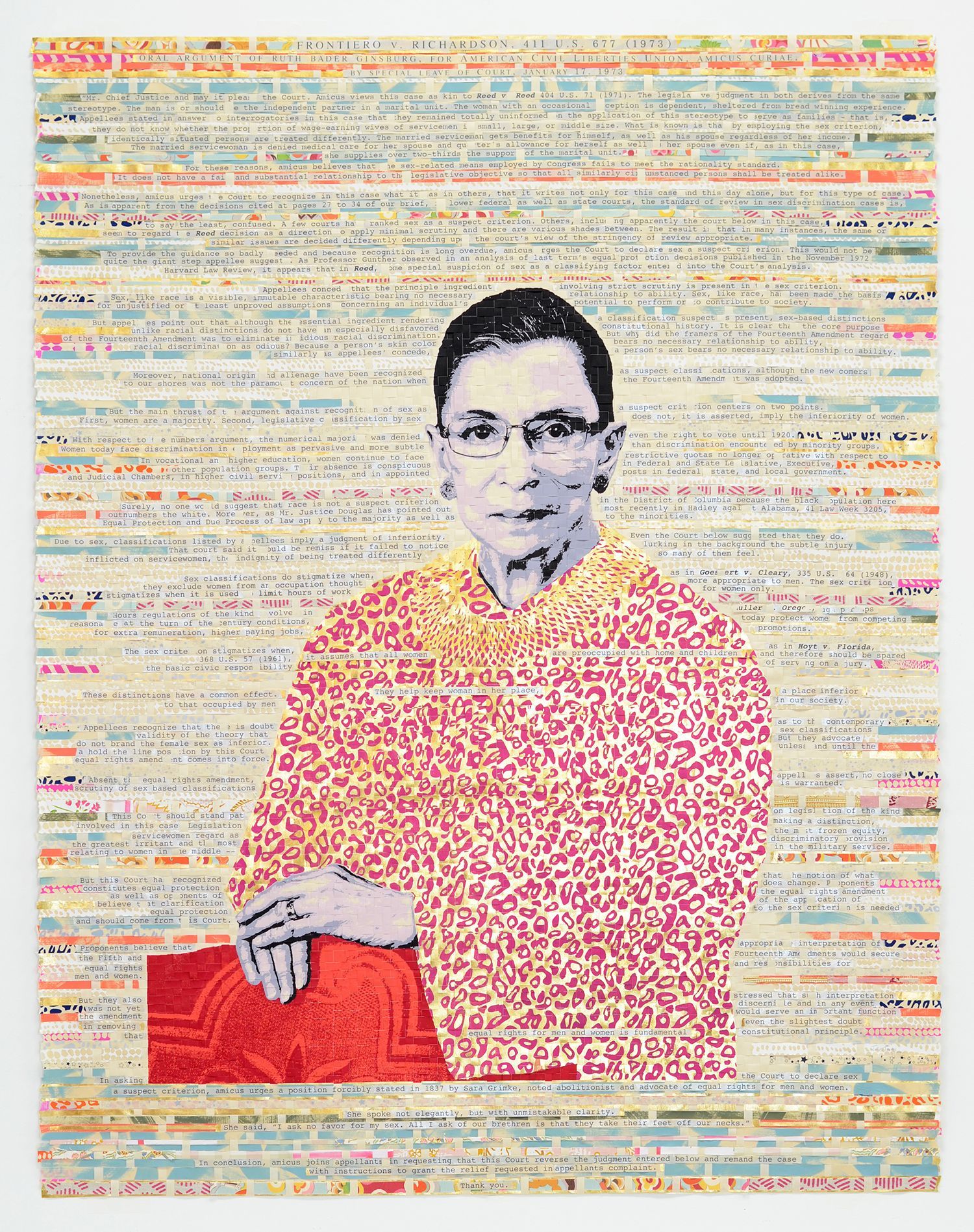Portrait of a person in glasses and a red shirt, seated against a multicolored textured background