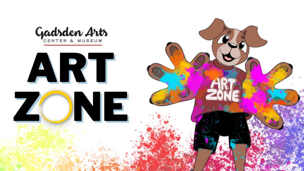 Gadsden Arts Art Zone logo with colorful paint splashes and a cartoon dog character holding a paint-splattered sign