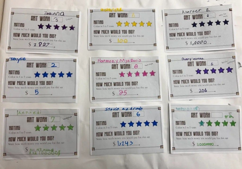 Nine small certificates pinned on a wall, each with colorful star ratings and handwritten notes.