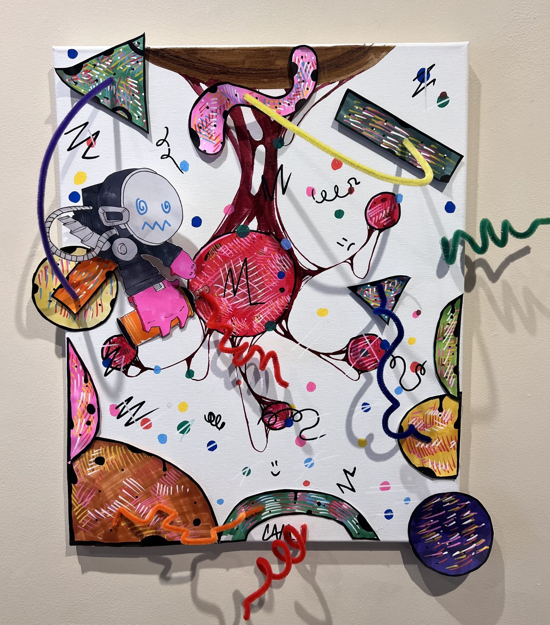 Abstract mixed-media artwork with colorful shapes, doodles, and a pink central figure on white paper
