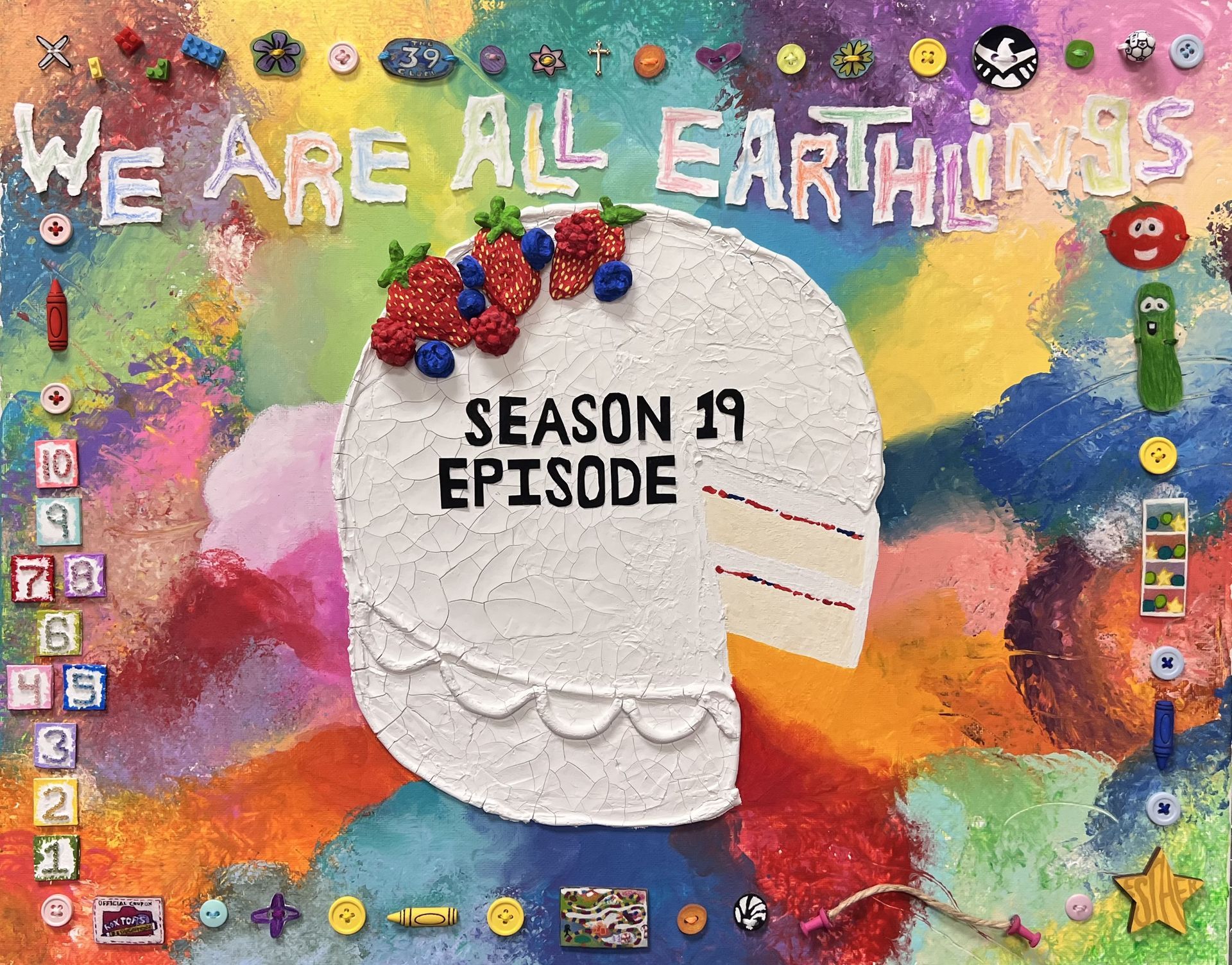 Colorful collage cover reading “WE ARE ALL EARTHLINGS” and “SEASON 19 EPISODE” on a white face silhouette