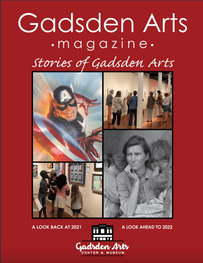 Gadsden Arts magazine cover with red background and four art images, titled “Stories of Gadsden Arts”