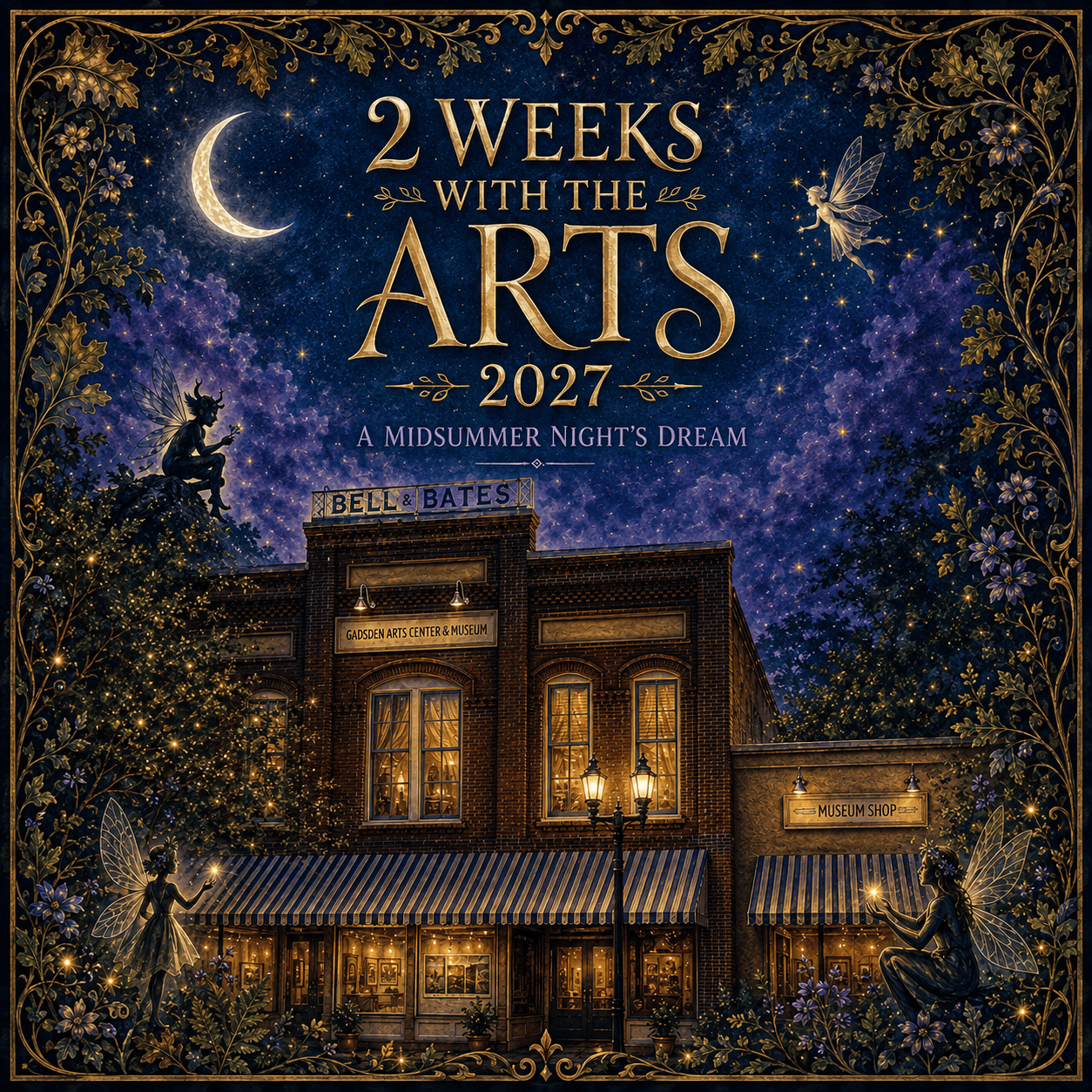 Poster for “2 Weeks with the Arts 2027,” showing a moonlit historic building against a starry blue sky