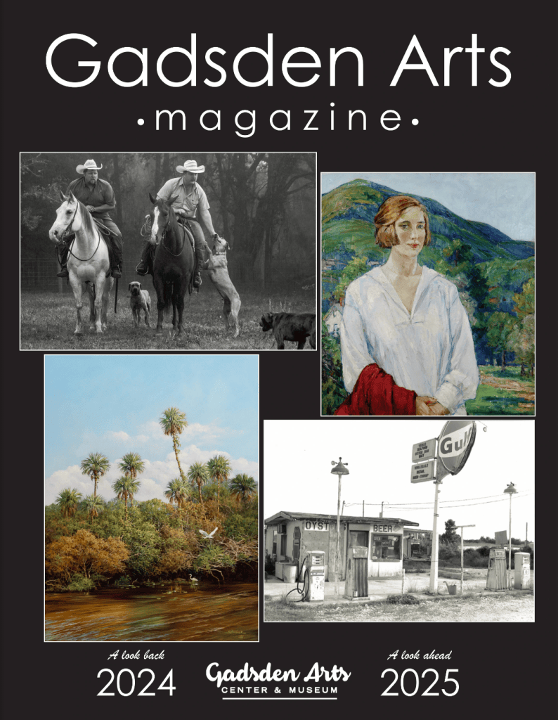 Gadsden Arts magazine cover collage of four artworks with 2024 and 2025 text at the bottom