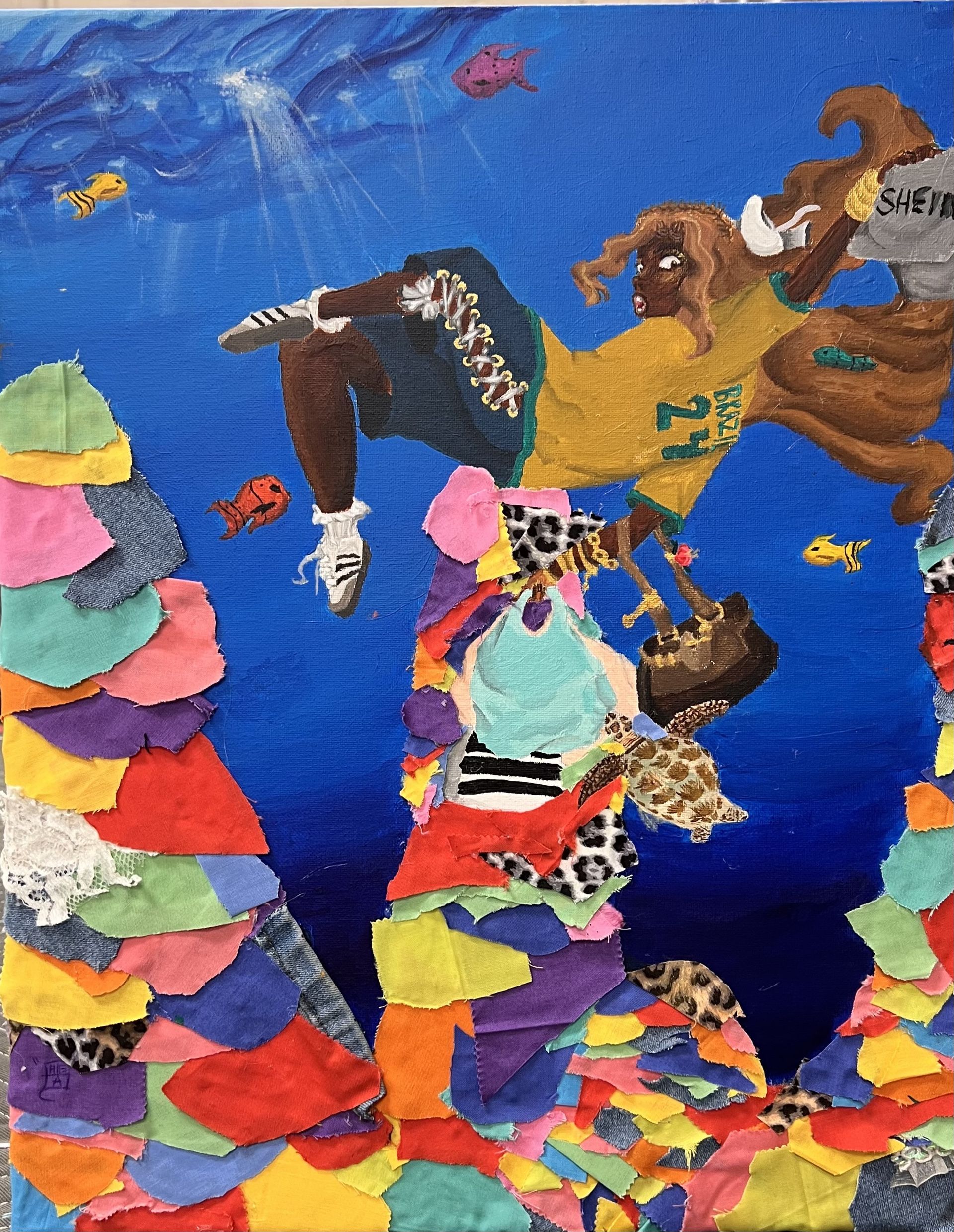 Colorful abstract collage of birds and fish against a blue background, with stacked rainbow shapes at the sides