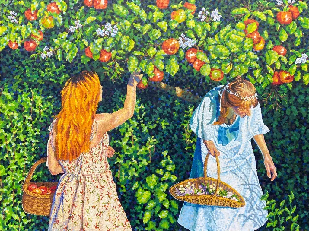 Two women pick apples in an orchard, one reaching up, the other carrying a basket.