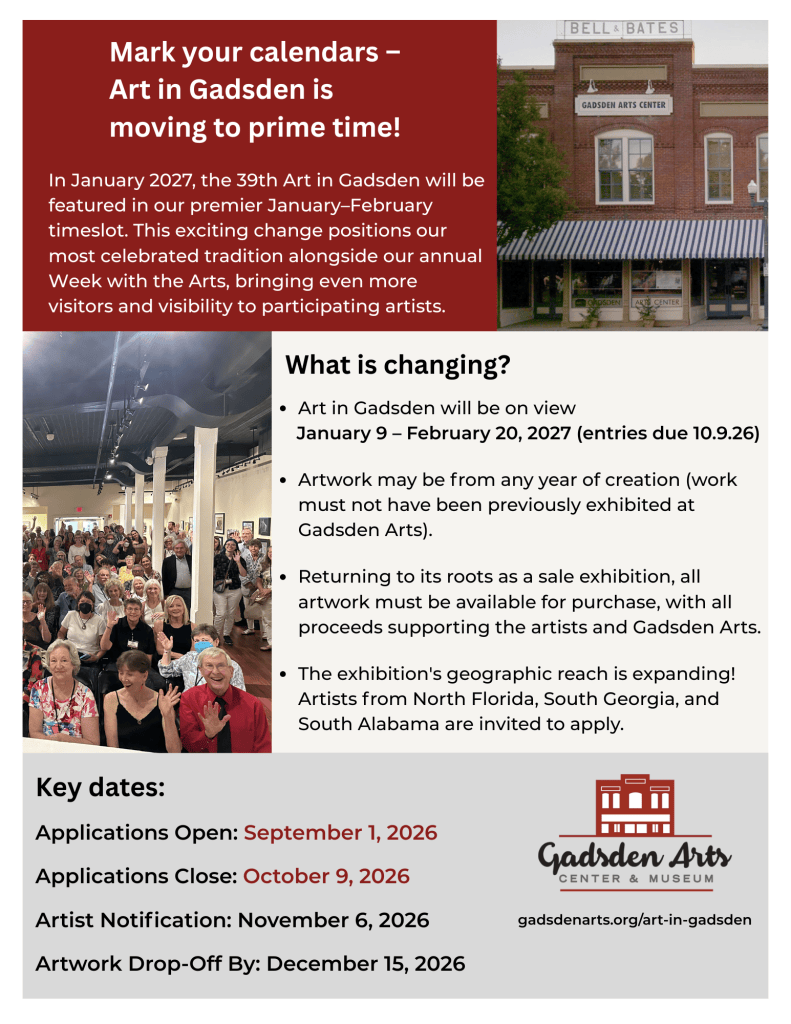 Garden & Arts Building Groundbreaking event flyer with red text, crowd photo, and building image.