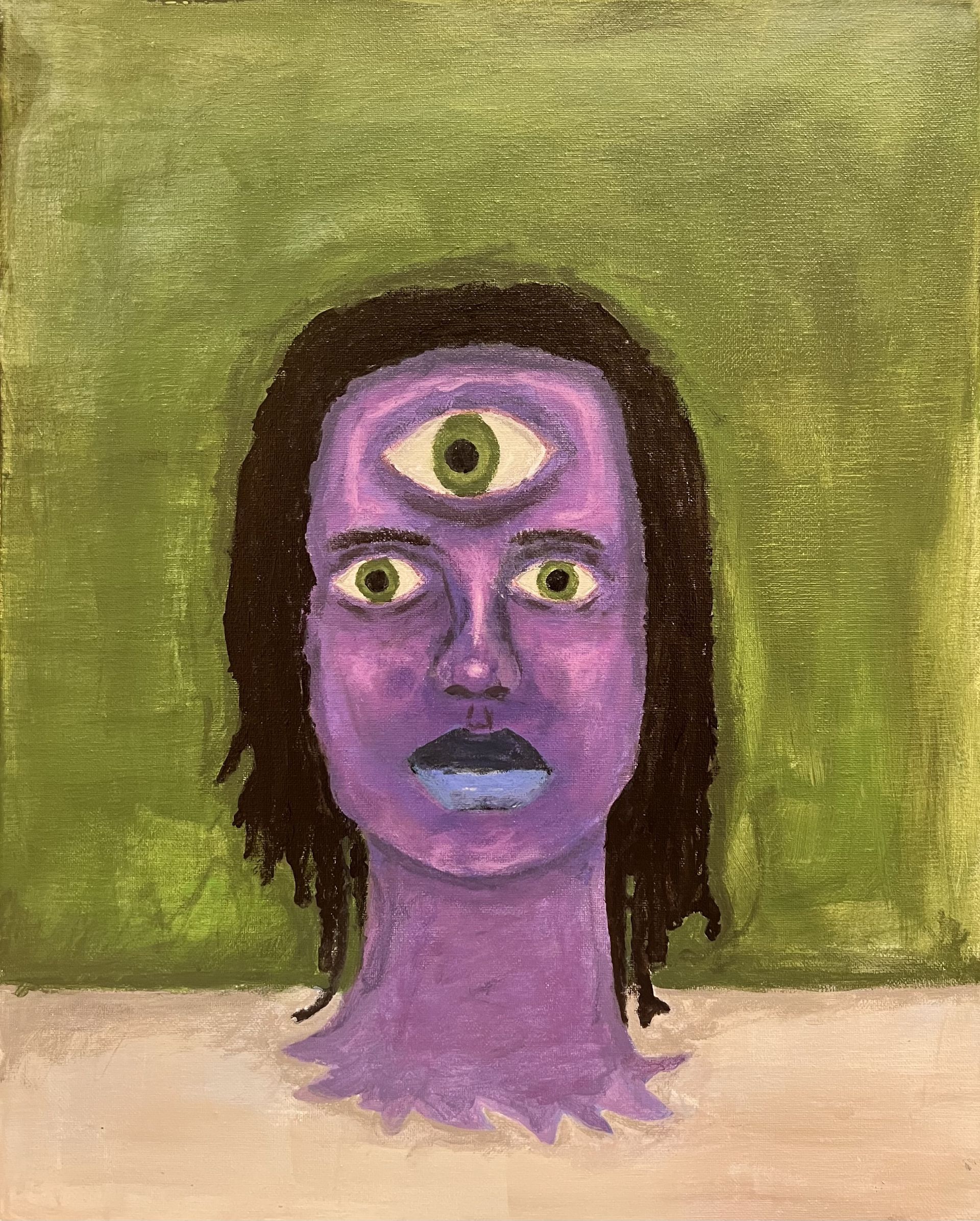 Purple three-eyed face on a green background, with dark hair and blue lips.