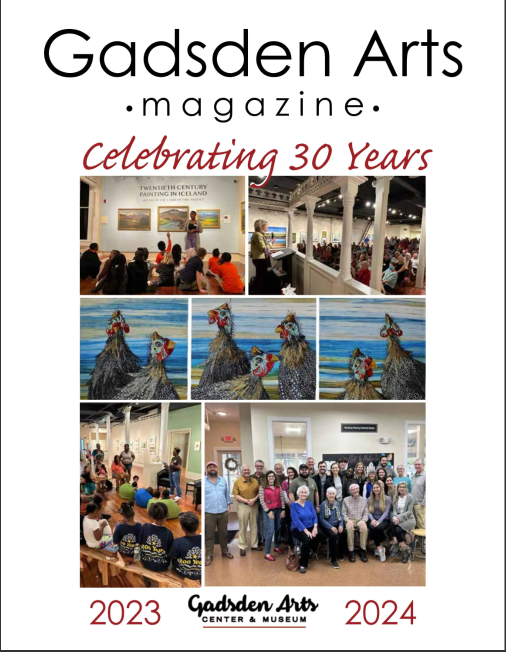 Gadsden Arts magazine cover celebrating 30 years, with collage photos and “2023” and “2024” at the bottom