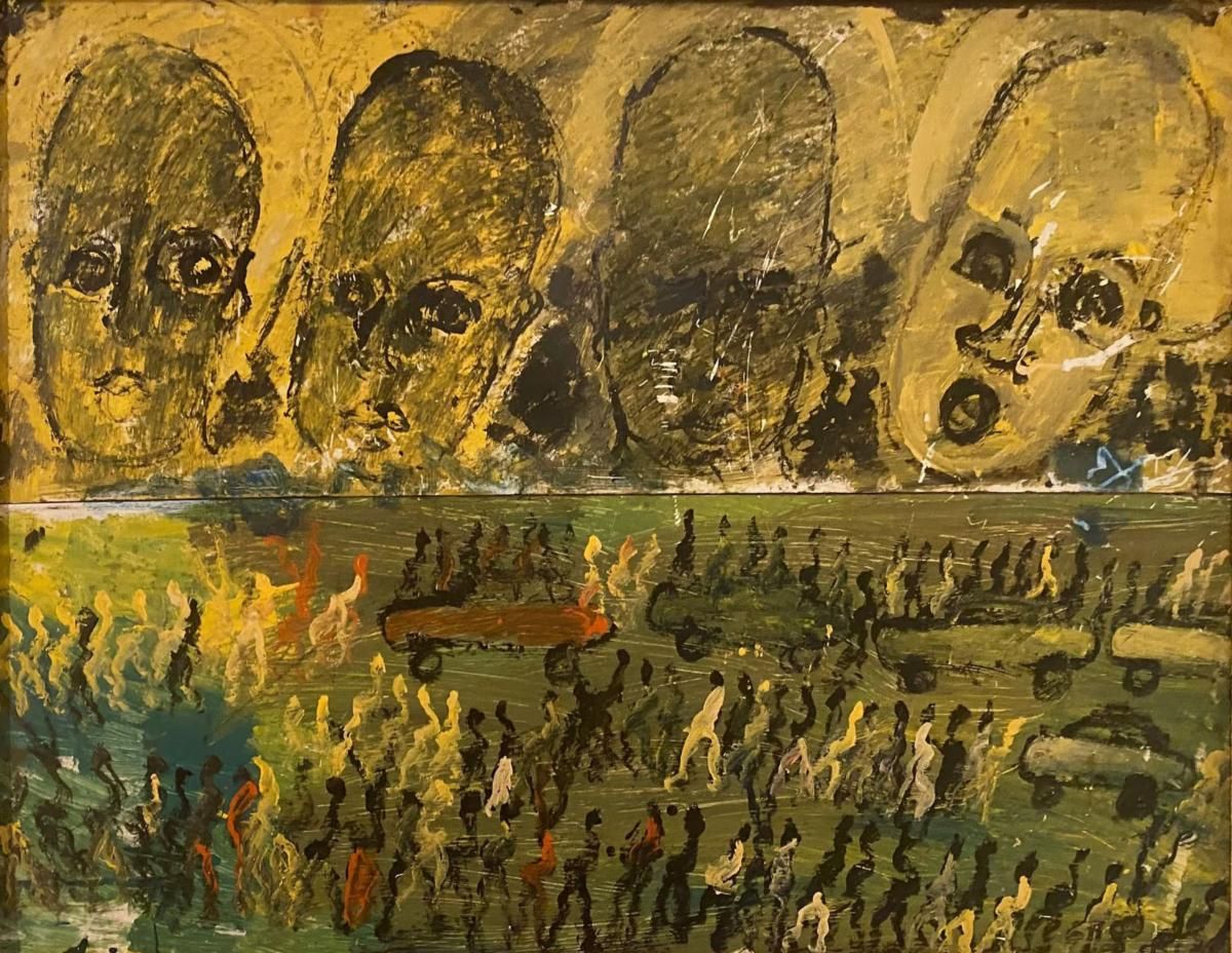 Abstract painting of four somber faces above a crowded green-and-yellow landscape with a small boat