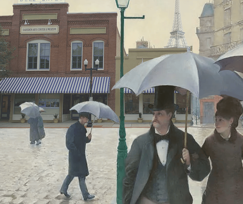 People crossing a rainy street with umbrellas beside a brick building and Eiffel Tower in the background