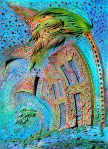 Abstract colorful artwork of a palm tree beside a curved building with blue water below