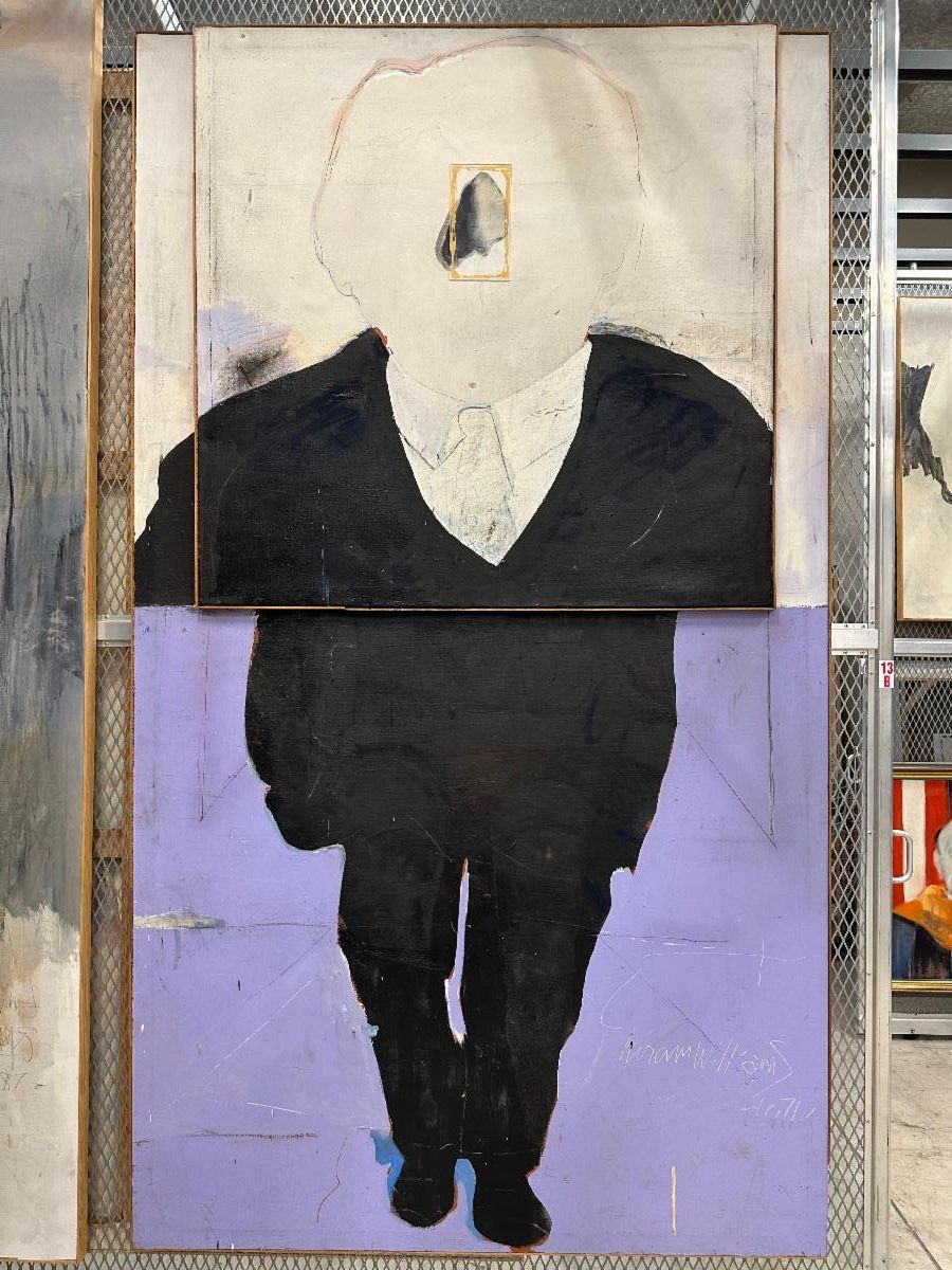 Abstract painting of a black-clad figure with a pale face on a lavender background, layered on a canvas frame
