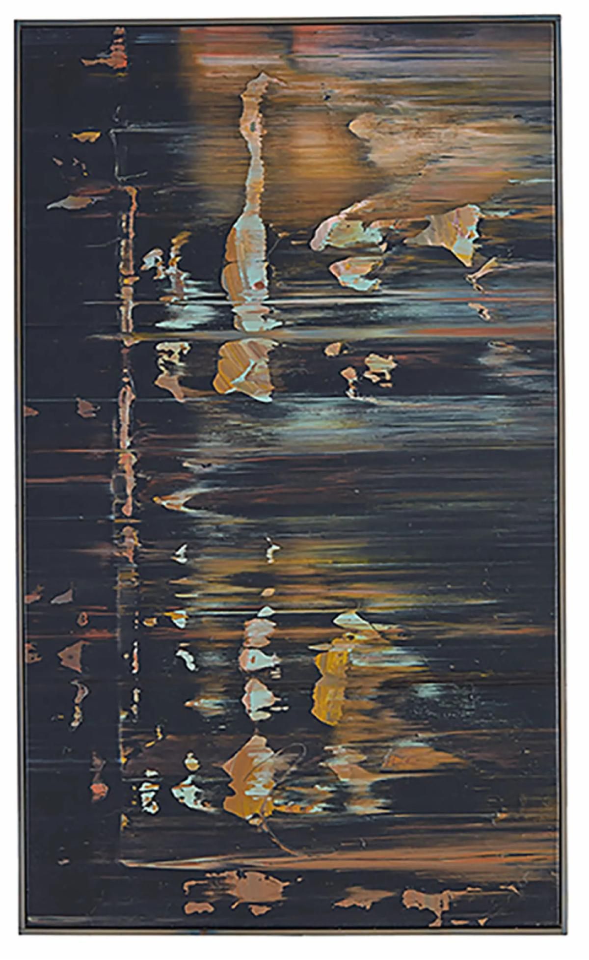 Abstract vertical painting with dark blue, brown, and gold brushstrokes on a framed canvas