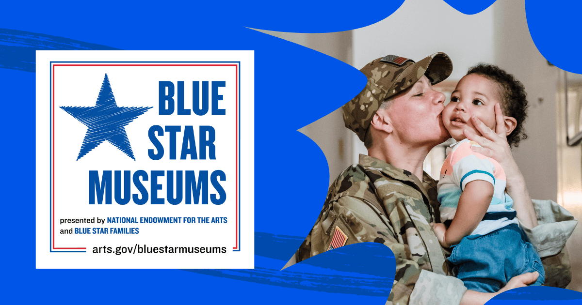 Blue Star Museums logo beside a soldier holding a child against a blue background