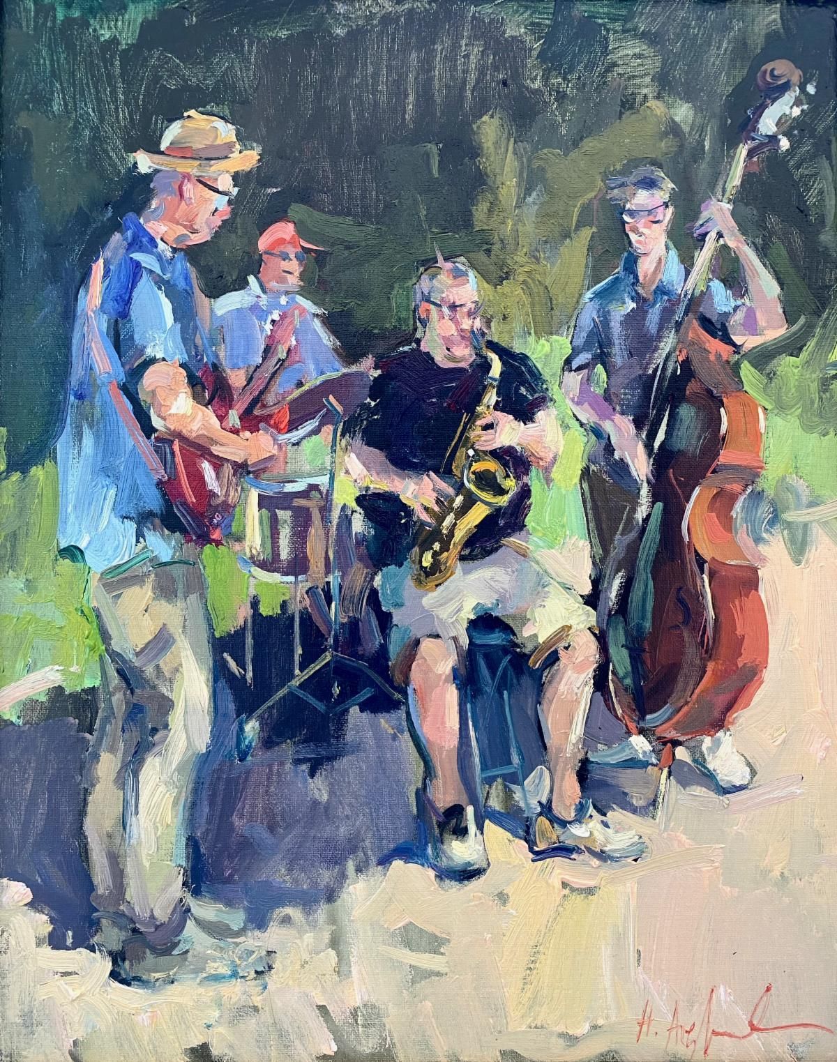 Jazz band playing outdoors, with saxophone, guitar, drums, and double bass in a loose impressionist painting.