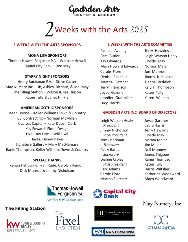 Event flyer for Garden Arts: “2 Weeks with the Arts 2025,” with dates, schedules, and sponsor logos.