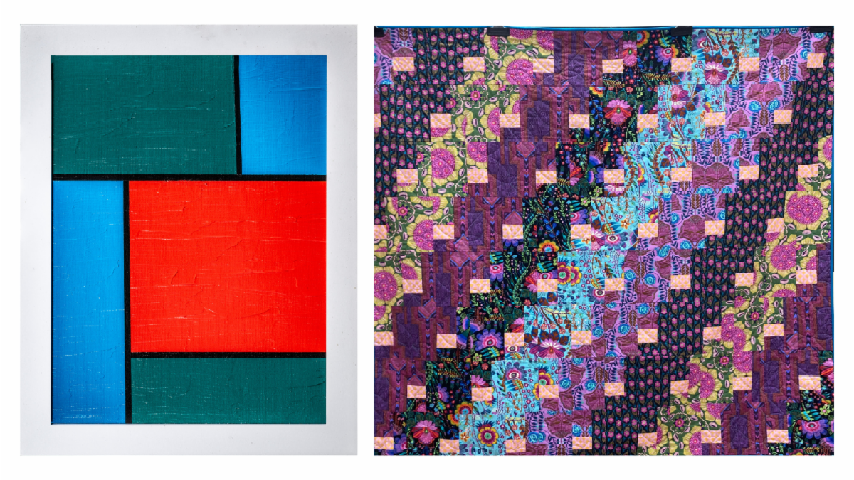 Two abstract quilt-like panels: left in teal, blue, and red; right a purple mosaic with colorful diagonal streaks