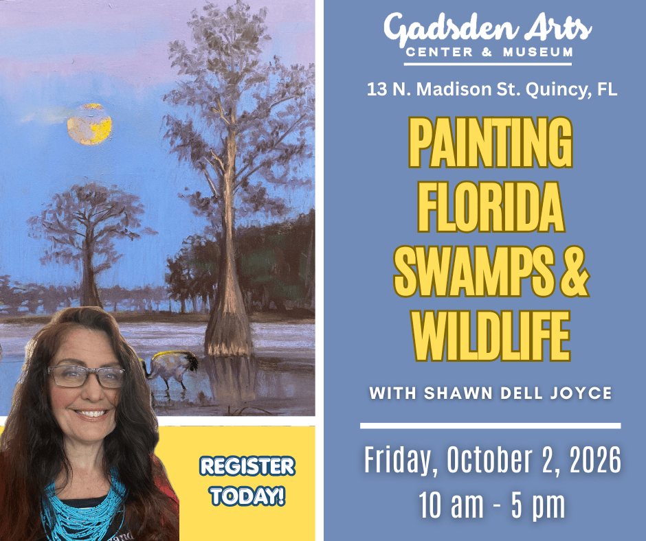 Painting Florida swamps & wildlife event poster at Gadsden Arts, with artist Shari D. Joyce and date details