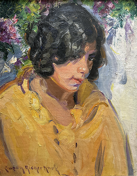 Portrait painting of a person with curly dark hair in a yellow shirt, set against a floral background.