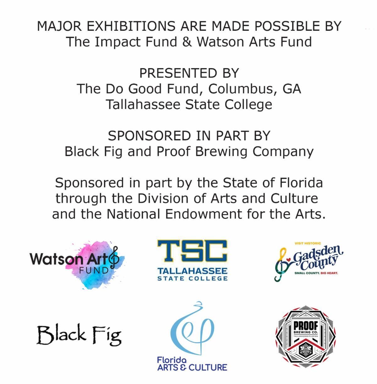 Poster listing exhibition sponsors with logos for Watson Arts Fund, FSU, Black Fig, Proof Brewing, and Florida arts groups