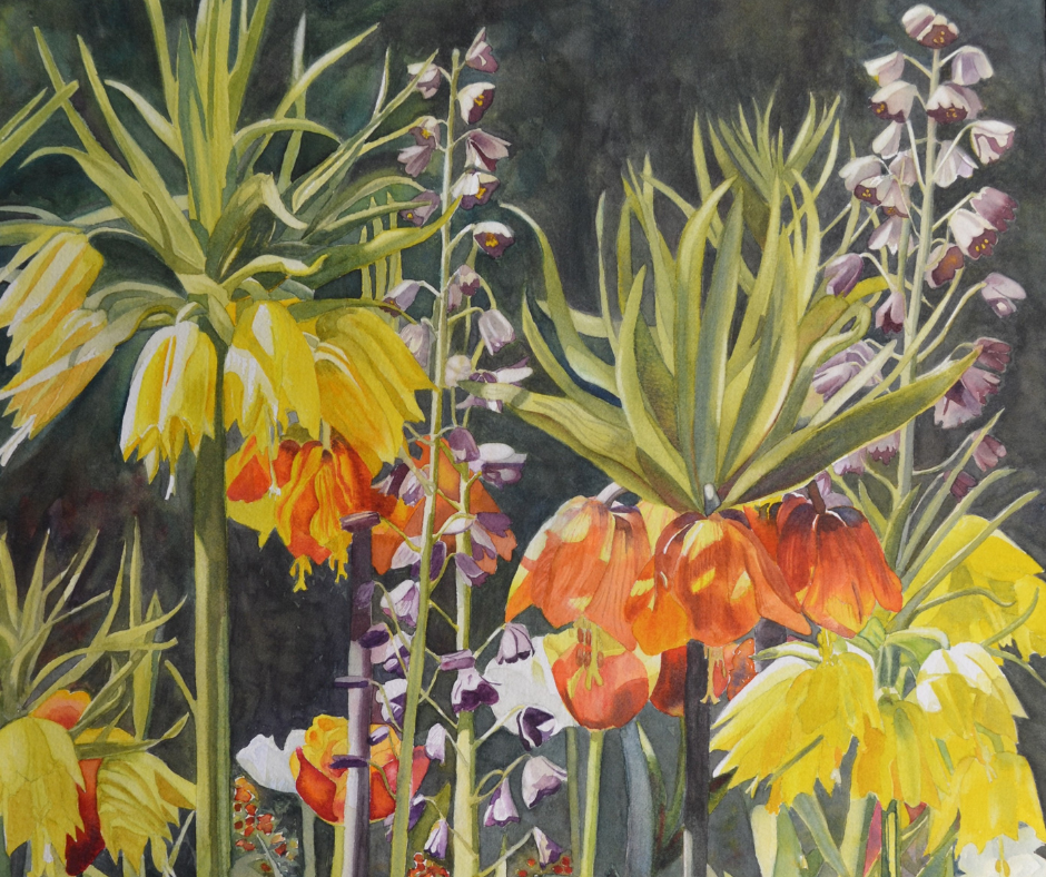 Watercolor flowers with drooping orange and yellow blooms against a dark background