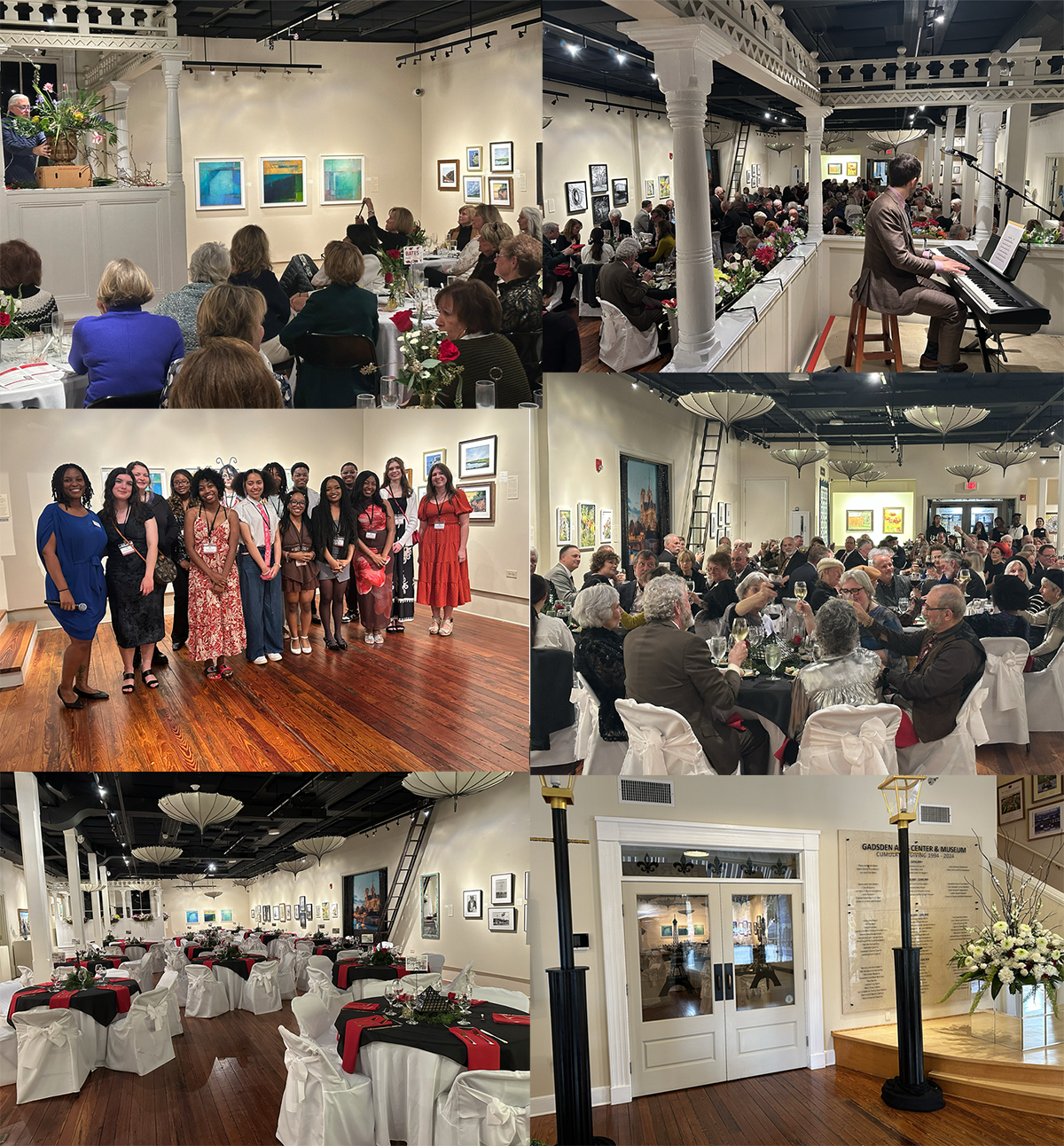 Collage of an art gallery event with audience, group photo, banquet tables, and a decorated entrance interior.