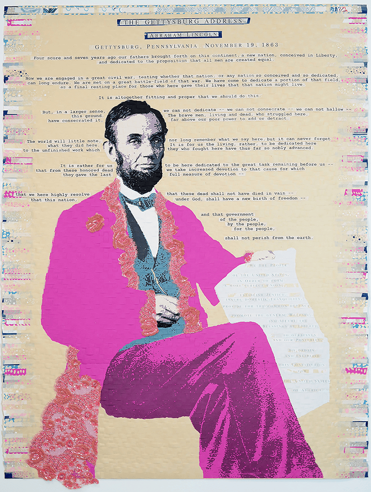 Stylized portrait of Abraham Lincoln seated in a pink suit over a text-heavy beige background