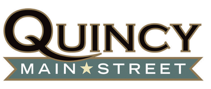 Quincy Main Street logo with black and gold text on a teal banner