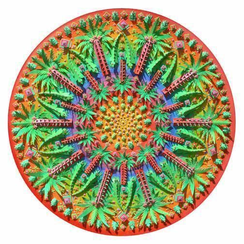 Colorful circular mandala with green, pink, and orange radial leaf-like patterns on a red background