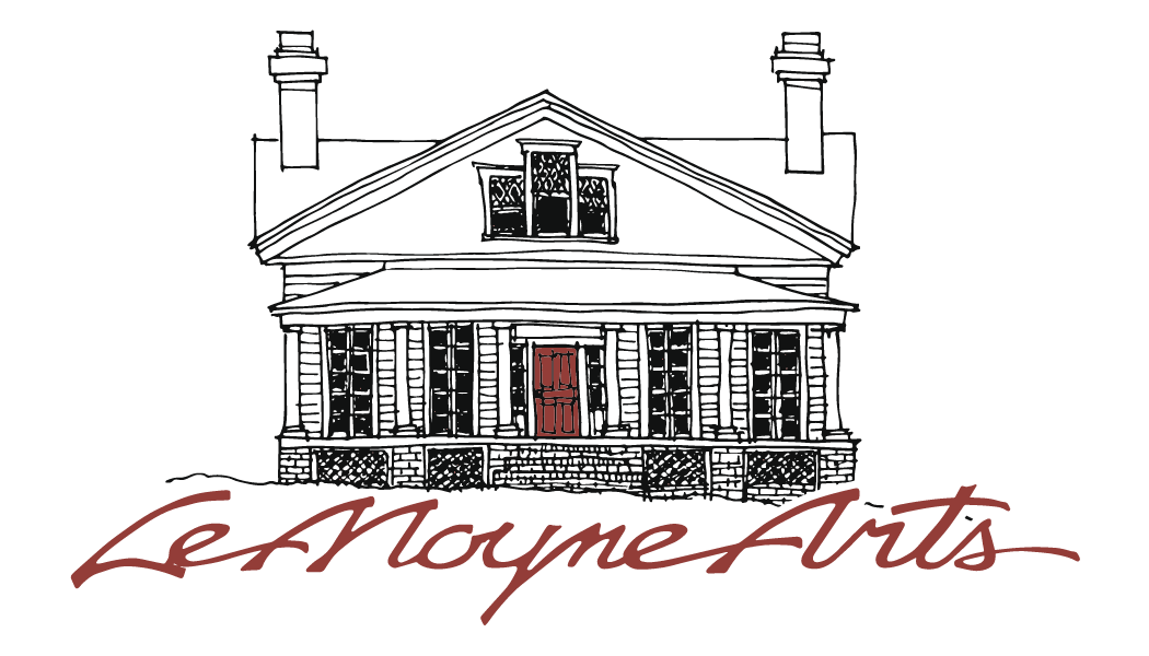 Black-and-white house sketch with red cursive text “Le Home Arts” underneath