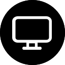 White computer monitor icon on a black circular background