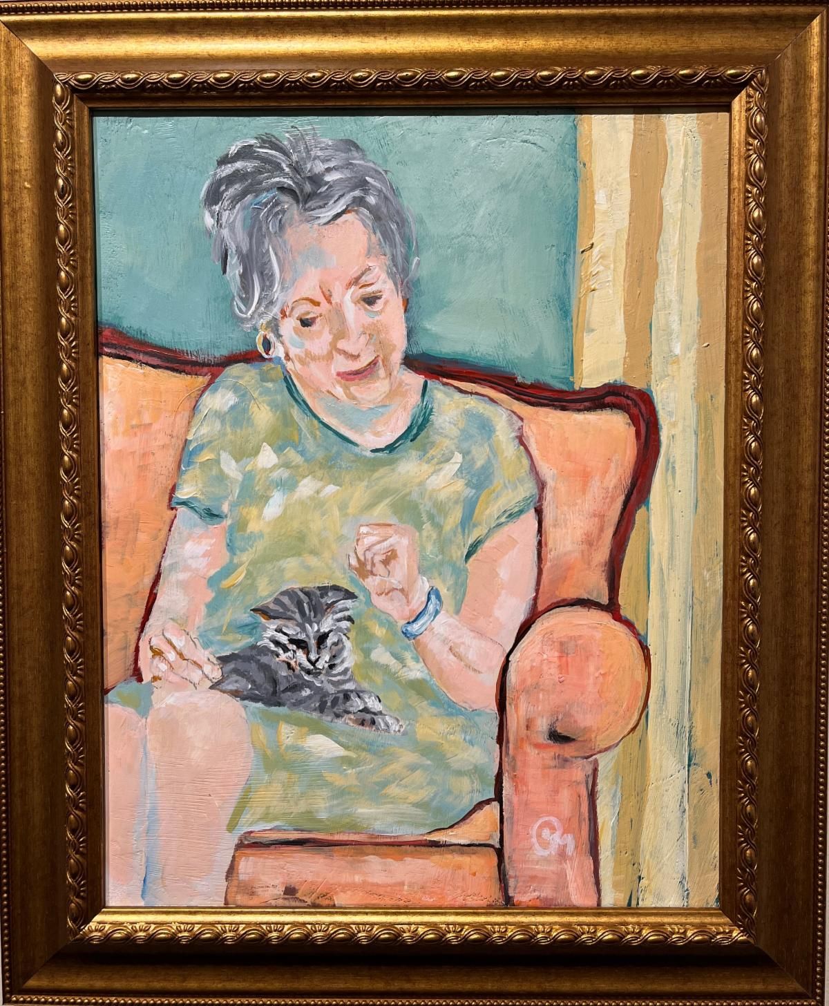 Painting of a seated woman in a green dress holding a black cat on an orange chair