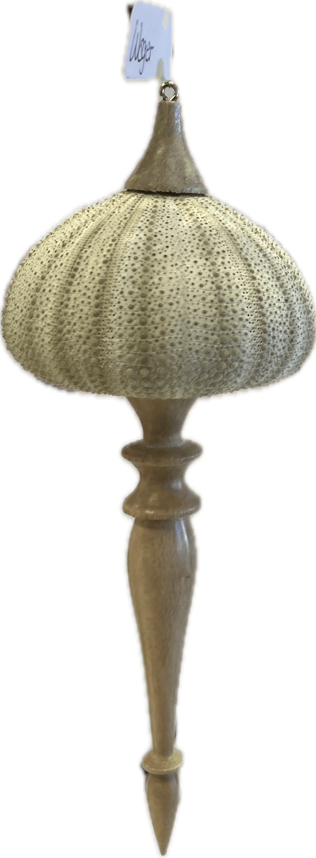 Decorative gold beaded ornament with a bulbous top and long pointed finial, hanging by a ribbon
