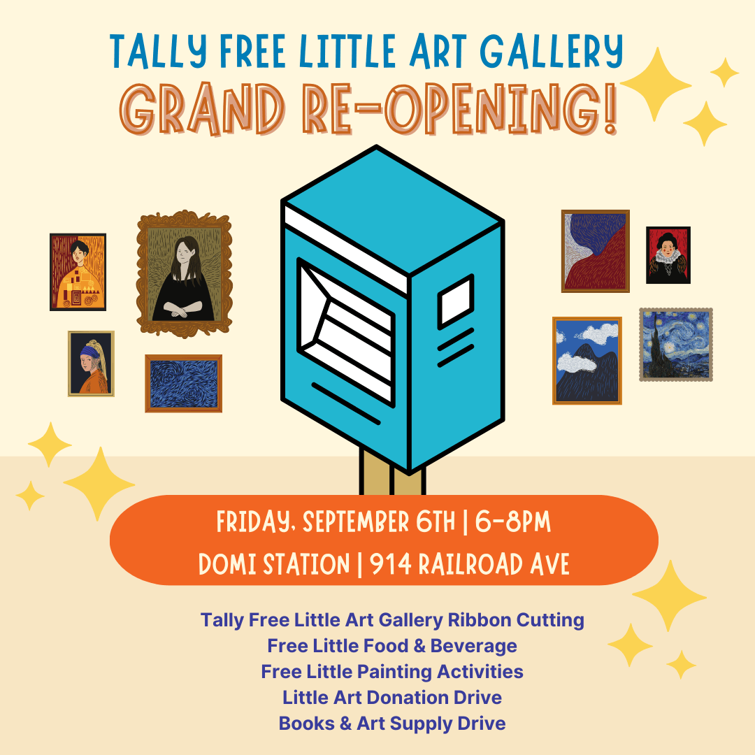 Tally Free Little Art Gallery grand re-opening flyer with dates, times, and donation details on a cream background
